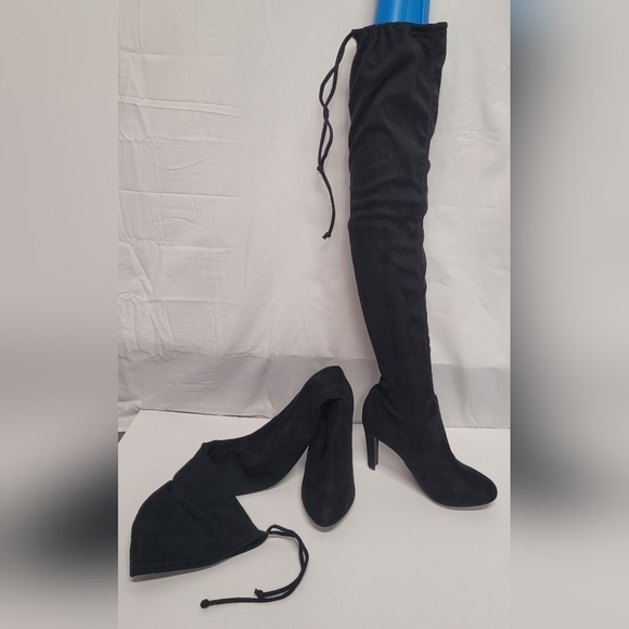 NY&Co Tall Black Suede Feel (man made) Boots Pull On With Top Drawstring 8 - Picture 2 of 7